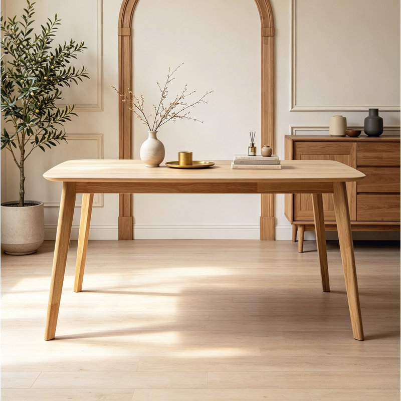 Table de salle à manger Klaudia de style moderne du milieu du siècle avec pieds en bois d'hévéa, Chêne naturel