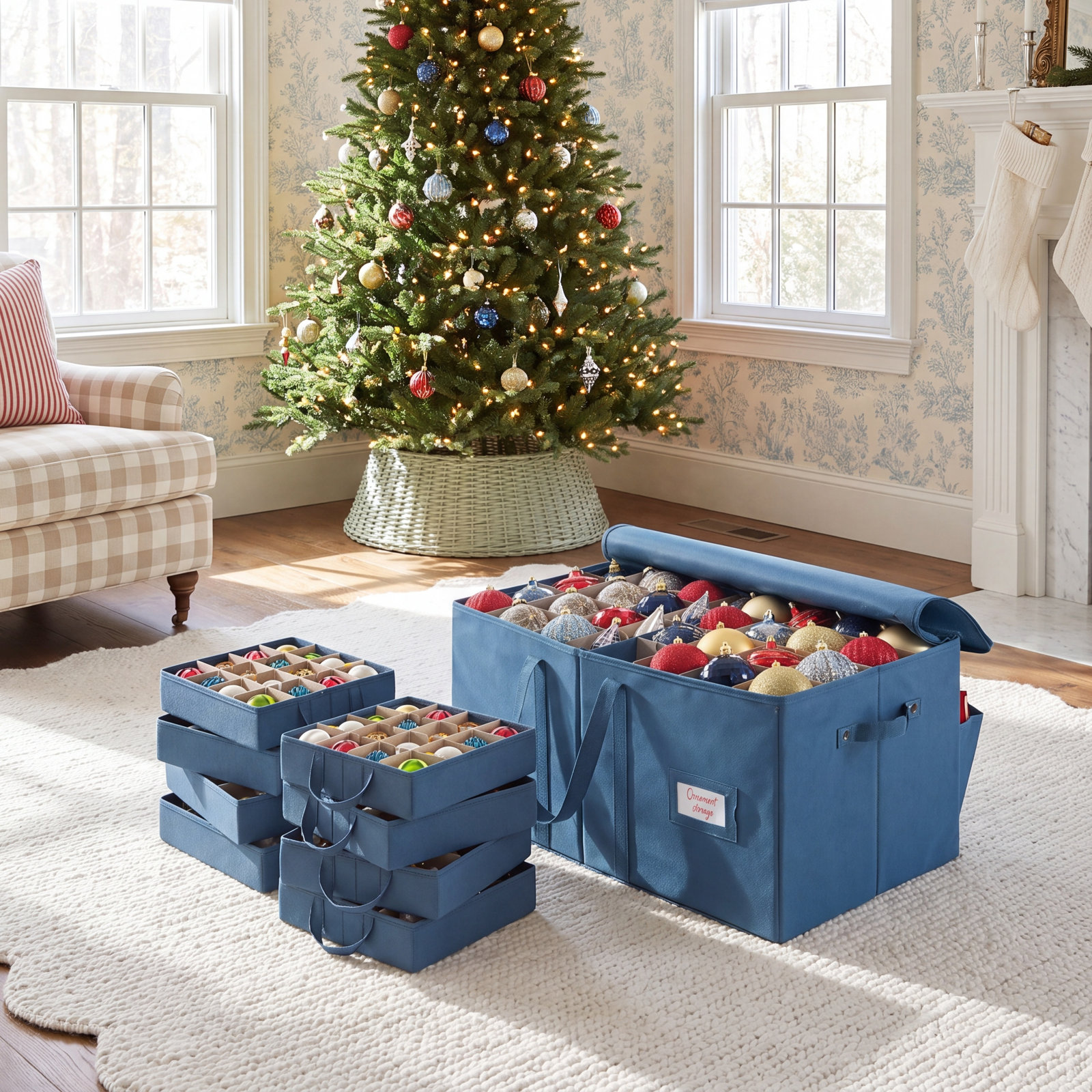 Fabric Ornament Storage Box with Dividers, 13" H x 13" W x 13" D