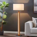 58.9'' Farmhouse Wooden Floor Lamp Built-in Led Beads, White Rectangular Linen Shade For Bedroom (bulb Included)