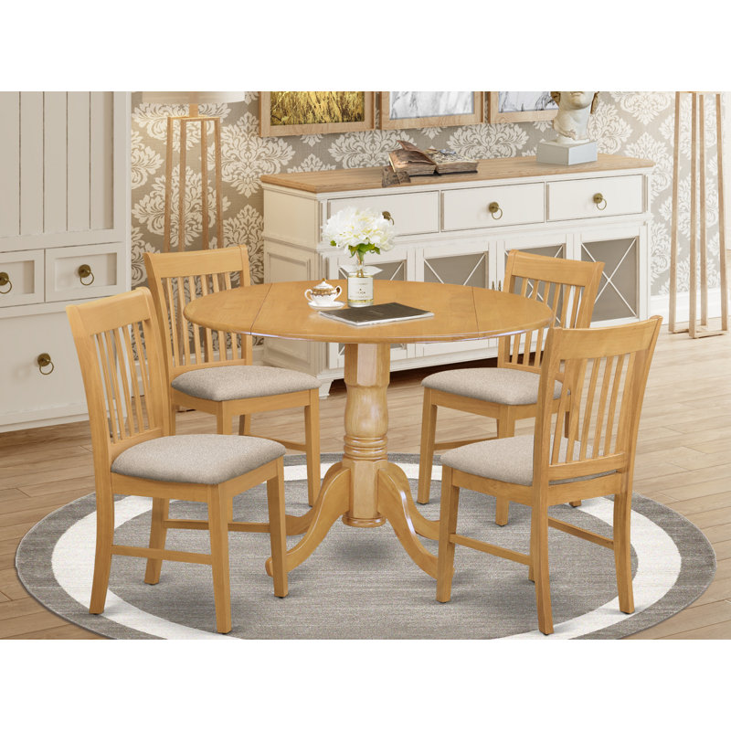5 Piece Kitchen Table & Chairs Set Includes a Round Dining Room Table with Dropleaf and 4 Linen Fabric Upholstered Dining Chairs, 42x42 Inch, Oak