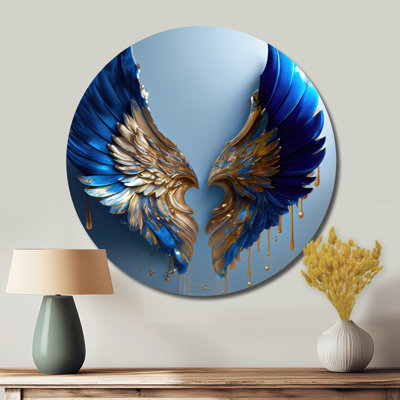 Blue And Gold Angel Wings V - Fantasy Round Metal Art