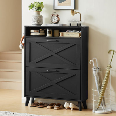 Narrow Shoe Cabinet with Flip-Top Drawers and Hooks, Wood Entryway Storage Cabinet with Adjustable Shelves and Open Storage for Hallway, Bedroom, and Living Room