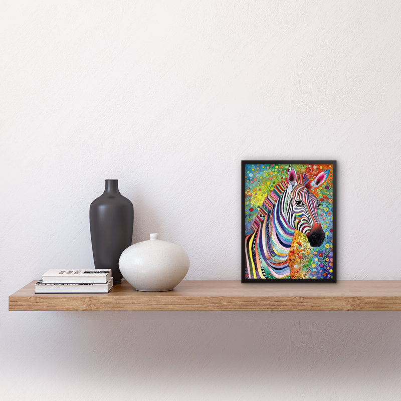 Folk Art Zebra Colourful Flower Boho Artwork Framed Wall Art Print 9X7 Inch