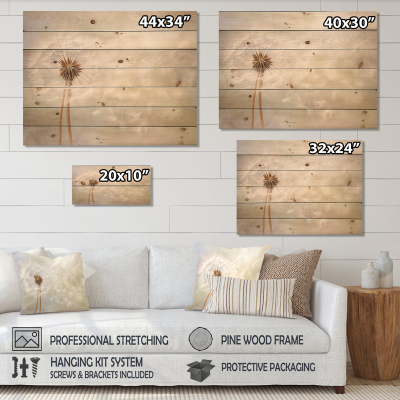 Impression romantique pissenlit blanc IV sur bois, H 30 po x l 40 po x P 0,78 po