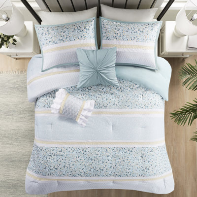 Édredon très grand / très grand avec coussins décoratifs - Motif chic à motif floral en seersucker bleu jaune et blanc 5 pièces pour bourre florale