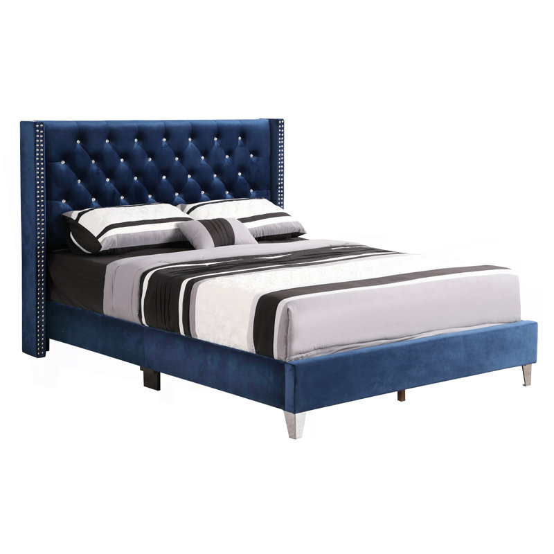 Élégant grand lit tapissier bleu marine, Grand lit, Marine