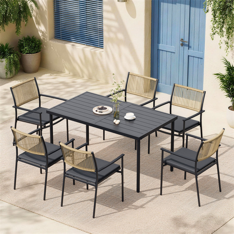 7-Piece Outdoor Patio Dining Set, HDPE Rope Back Dining Chairs with Thick Cushions & Iron Frame Table, All-Weather 6-Person Patio Furniture Set for Garden, Backyard, Poolside（Indigo Ink）