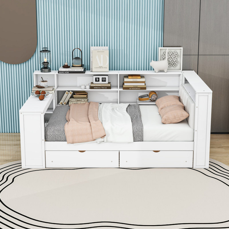Lit de jour avec DEL, tablettes de rangement, tiroirs, bureau et station de charge, Complet/Double, Blanc