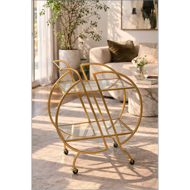 Chariots de bar dorés pour la maison avec roulettes verrouillables, 2 tablettes en miroir et conception élégante pour les fêtes et la cuisine