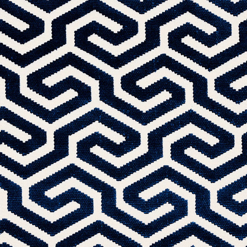 Ming Fret Velvet Fabric, Navy