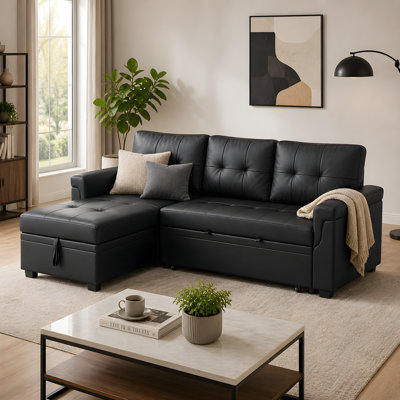 Gadalia Modern L-Shaped Sectional Sleeper Sofa with Storage Chaise, Pull-Out Bed Design – Reversible Velvet Couch for Small Spaces