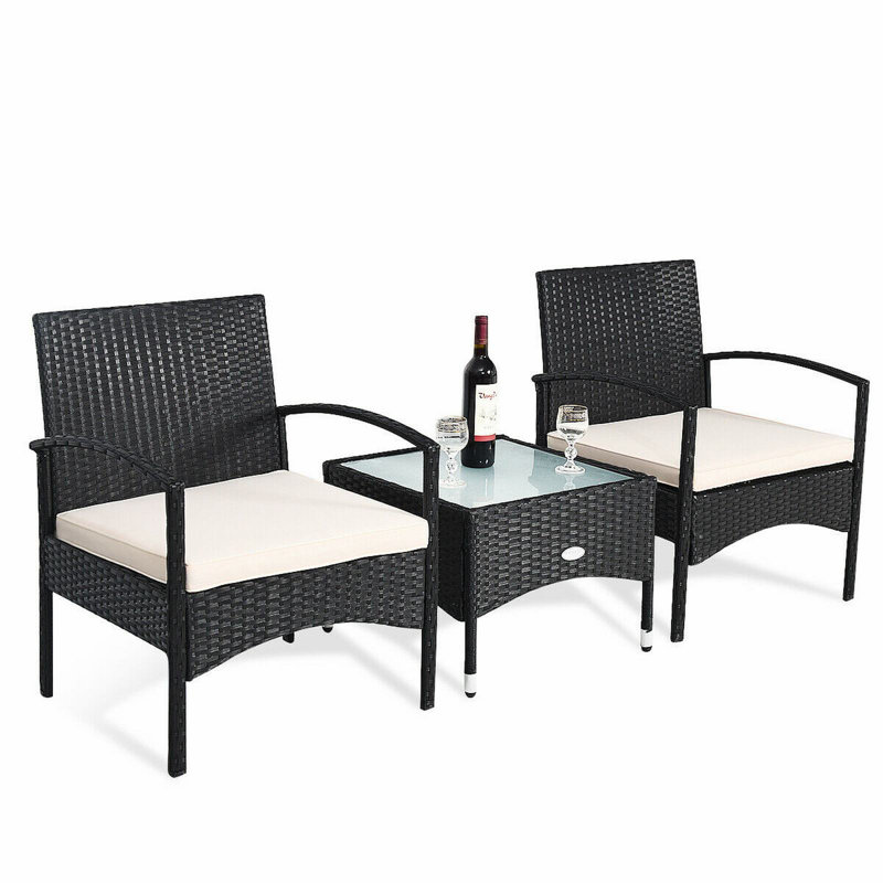 Ensemble de conversation de patio en rotin avec coussins 3 pièces, Blanc