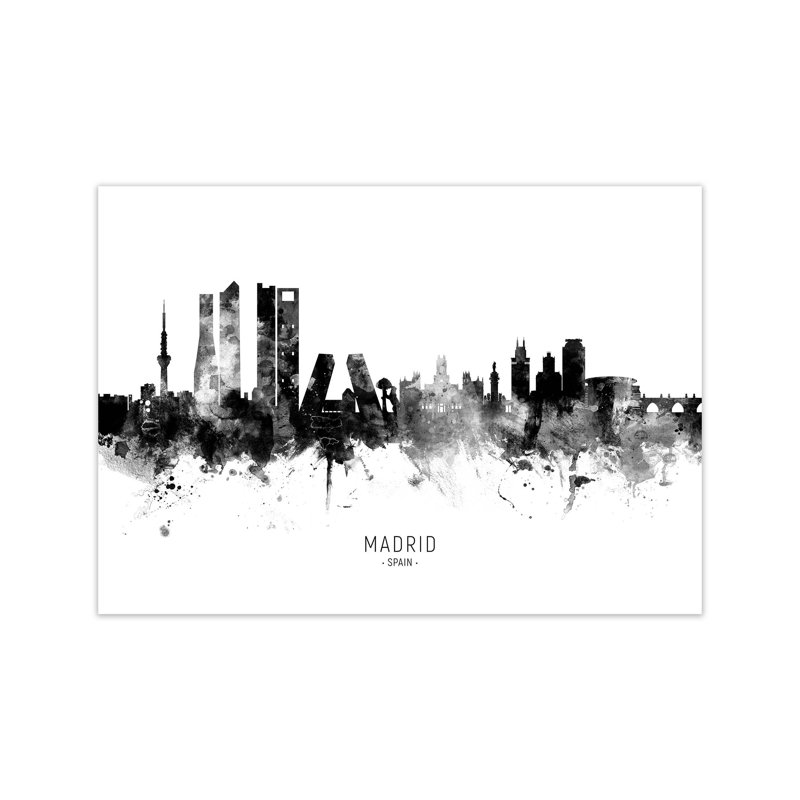 Madrid Spain Skyline Black White City Name by Michael Tompsett - Print, 42cm H x 59cm W x 1cm D, Unframed