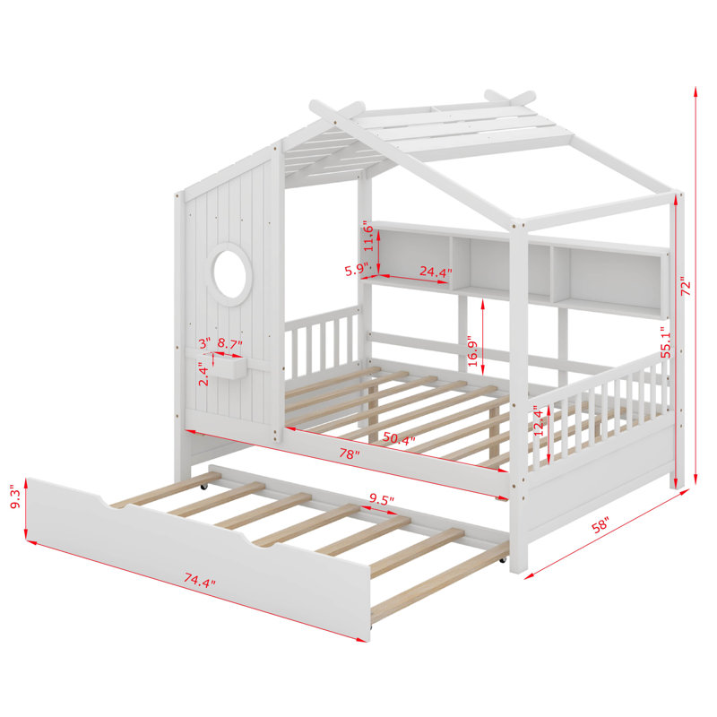 Lit double pleine grandeur avec lit gigogne, conception moderne pour enfants avec tablette de rangement, Blanc