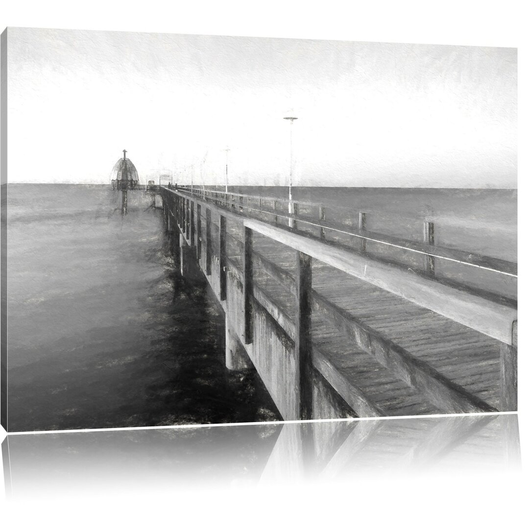 Leinwandbild Pier im Meer in Schwarz/Weiß