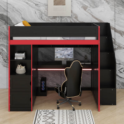Full Gaming Loft Bed With Desk And Storage,LED Lights