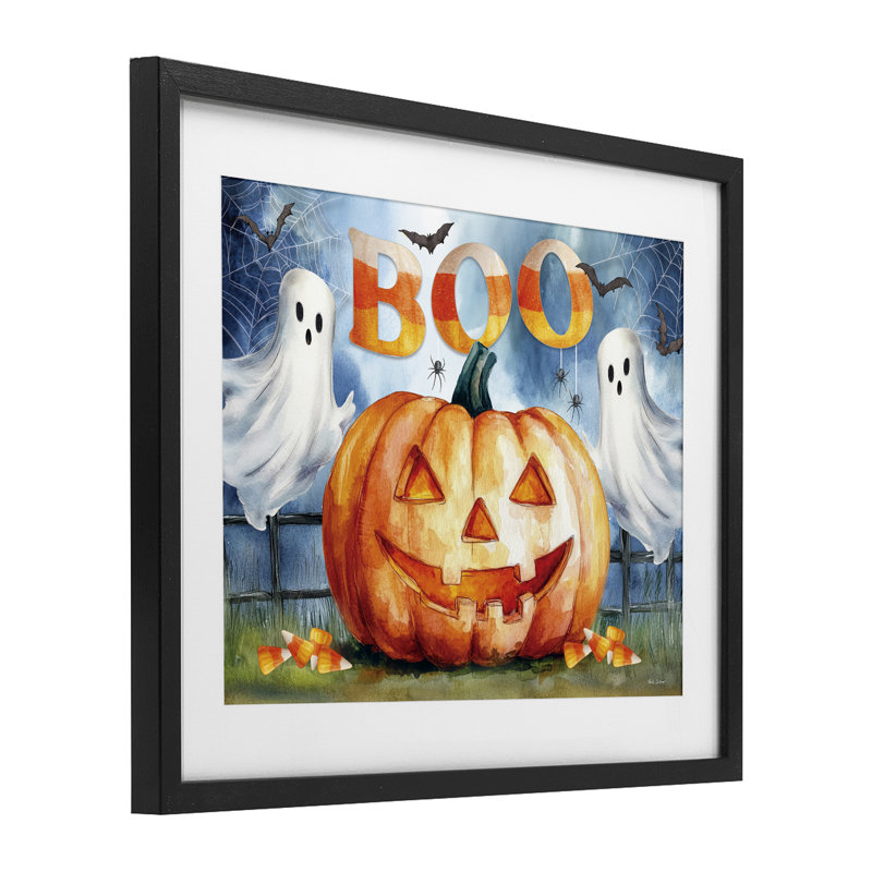 Boo Ghost & Jack-o-Lantern, reproduction encadrée sous verre, design par Nicole DeCamp, H 13 po x l 16 po, Cadre noir minuit