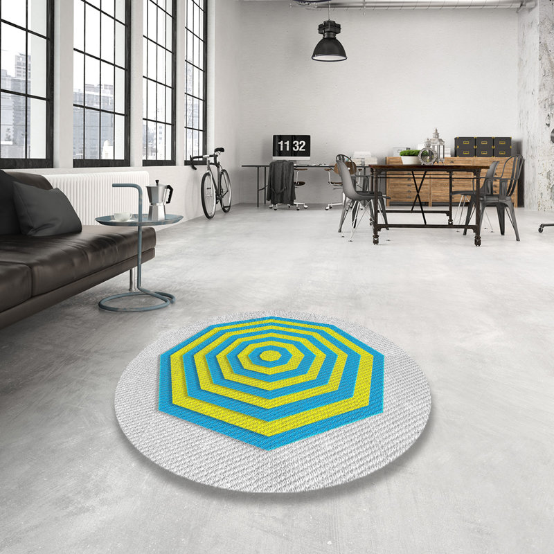 Tapis gris clair/bleu/jaune tissé à la machine, Rond 6 pi