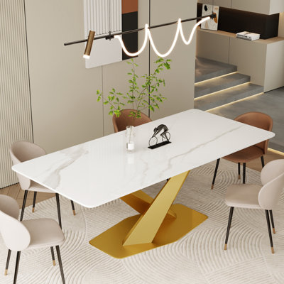 Luxurious Modern Dining Table, Dining Table Sintered Stone Tabletop With Carbon Steel Base Pre-assembly