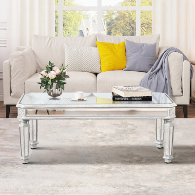 Silver Mirrored Coffee Table, Vintage Carved Elements, Rectangle Glass Tea Table With Mirrored Finish, Modern Center Table(24" D X 48" W X 18" H)