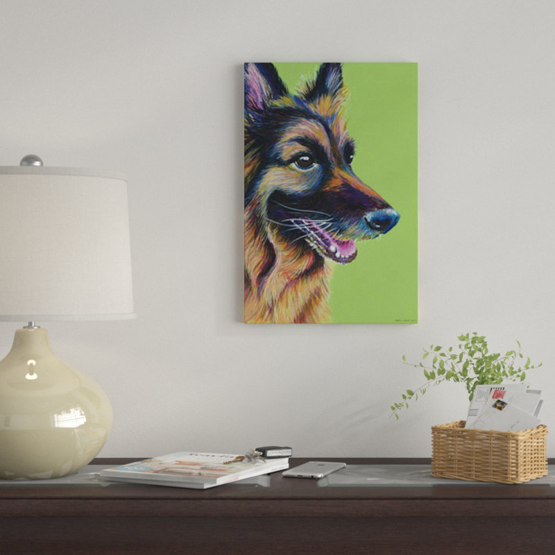 «German Shepherd On Lime» par Kirstin Wood, impression sur toile, H 26 po x l 18 po x P 1,5 po, Toile encadrée noire