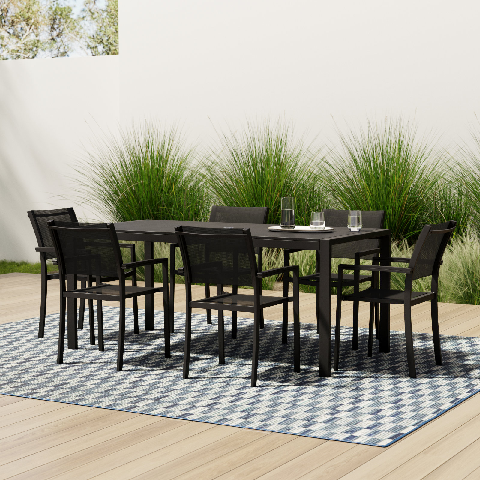 Aynura 71" Patio Dining Set, Black Frame/Black Top