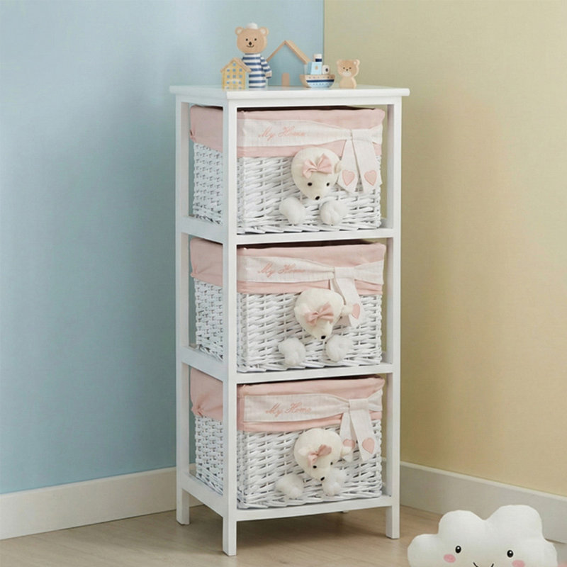 Jhavon 3-Drawer Wooden Cabinet with Wicker Storage Baskets and White Bear Design Christmas Gift