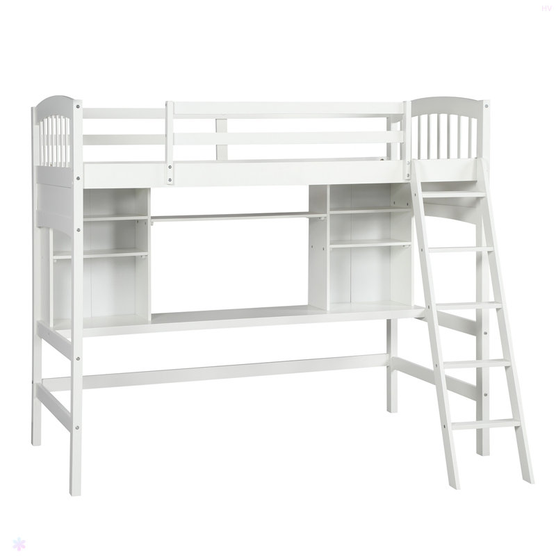Lit mezzanine avec tablettes de rangement, bureau et échelle, Blanc