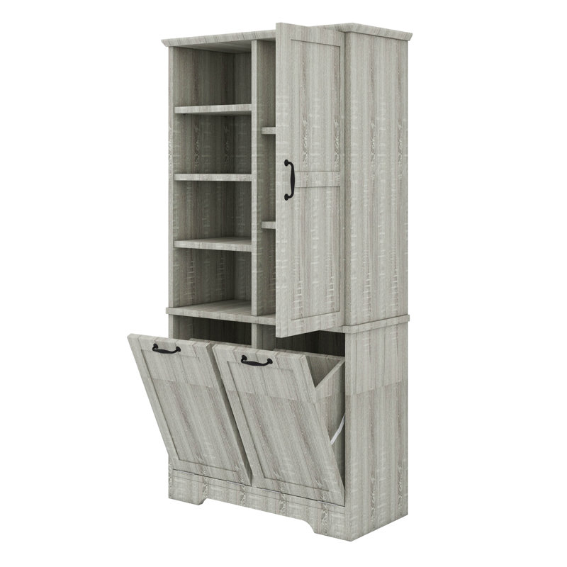 Bathroom Storage Cabinet With Doors And Drawers, Tilt-Out Laundry Hamper, Open Shelve, Adjustable Shelf, Oak
