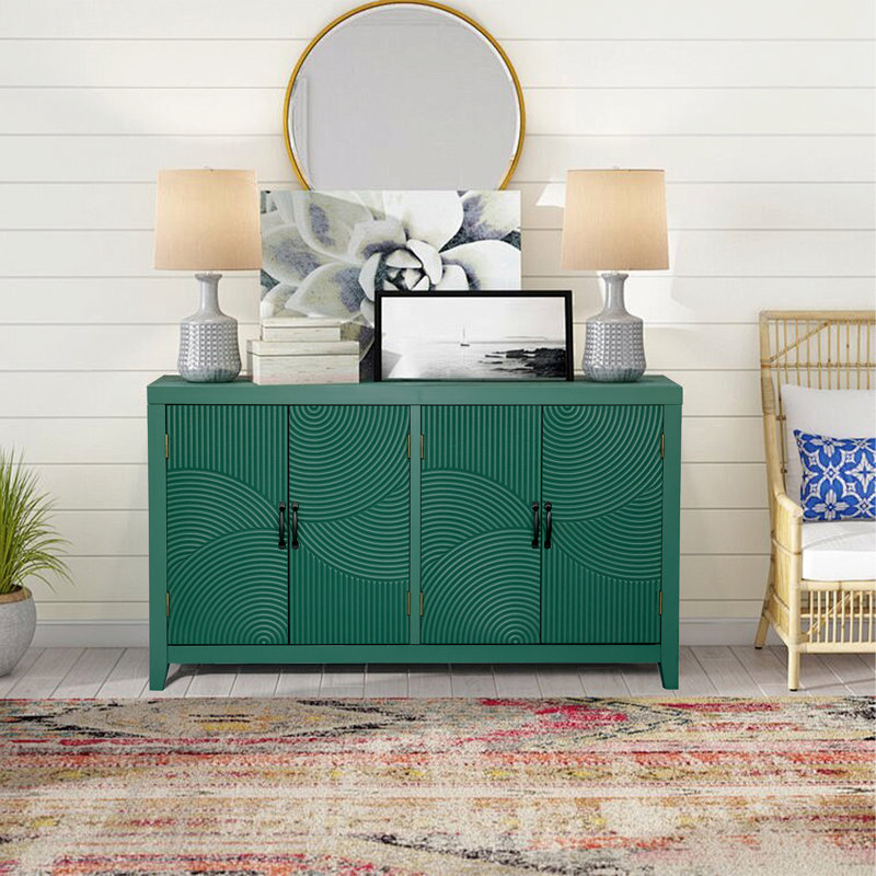Buffet, moderne, bois, 59 po, 4 portes, décor vert avec portes, garde-manger Mid-Century, média, console