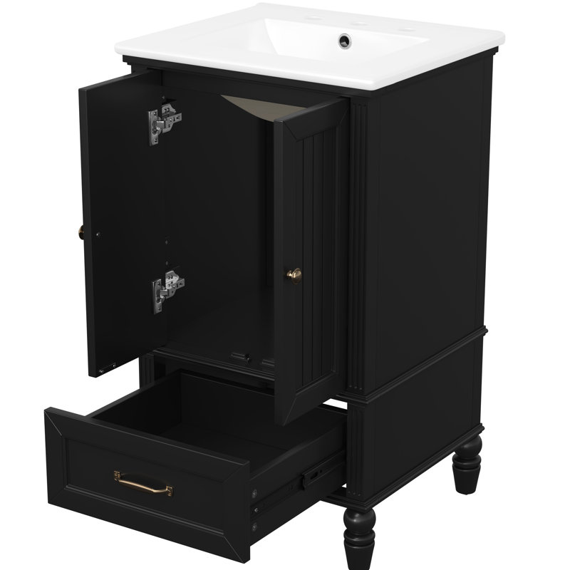 Meuble-lavabo noir 20 po avec lavabo en céramique, deux portes d'armoire, tiroir, bouchon magnétique et finition peinte - parfait pour améliorer votre quincaillerie en acier inoxydable, patins réglables faciles à mettre en place