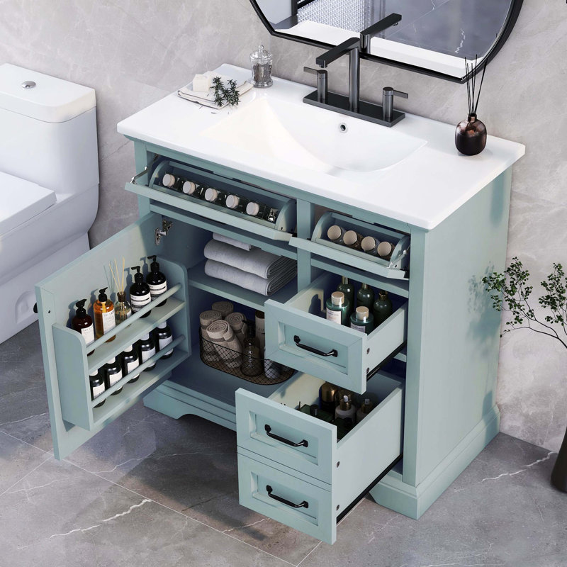Bathroom Vanity Cabinet With Tip Out Drawers And Soft Closing Hinges, Matched With Ceramic Basin