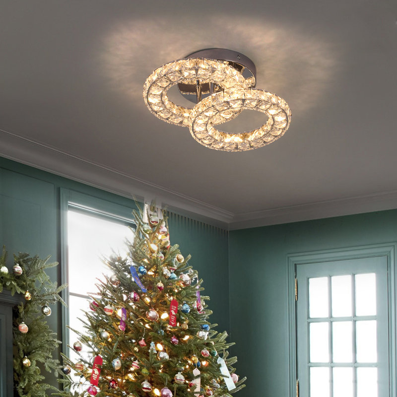 Plafonnier encastré en cristal à deux anneaux avec lustre moderne en cristal à DEL pour installation dans la salle à manger, la salle à manger et le salon