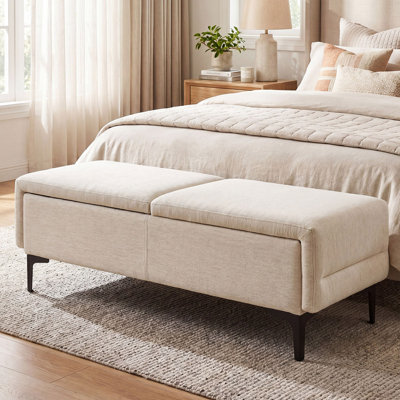 46" Modern Upholstered Storage Bench, Chenille Fabric Bedroom Bench with Metal Legs, Side Opening Entryway Bench, Beige