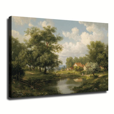Idyllic European Countryside Village River Landscape Oil Painting, Large Gallery Wrapped Canvas Wall Art Print For Living Room Bedroom