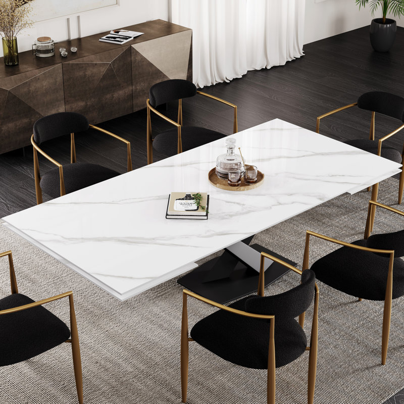 Table de salle à manger extensible Modern, Blanc montagne enneigée, Doré
