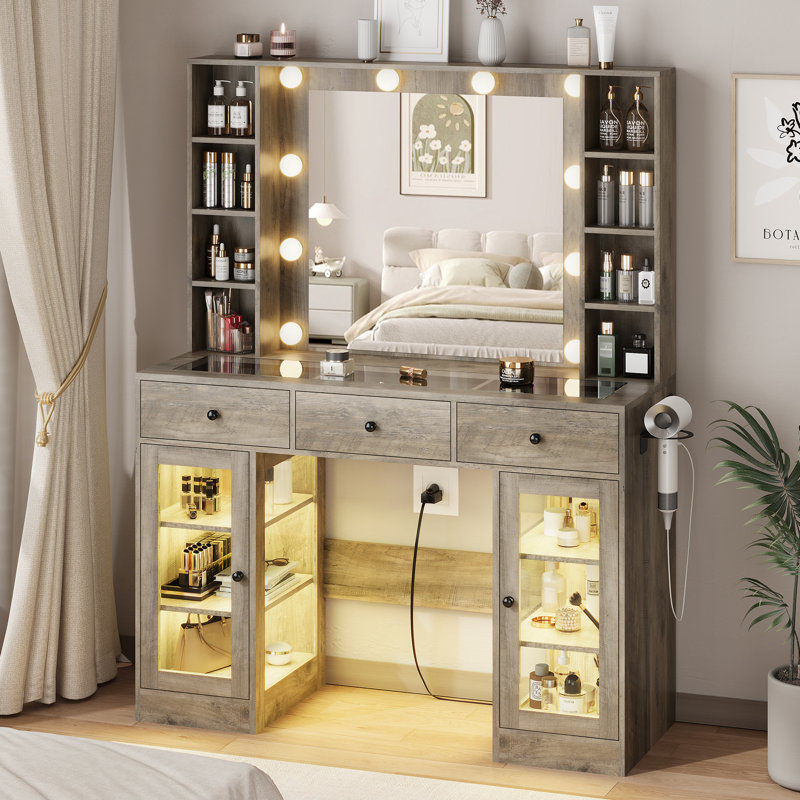 Large Makeup Vanity Desk With Lights & Mirror,10 Round Bulbs Lights with Mirror,Power Outlet,5 Drawers,8 Shelves with Brightness Lighting, Hair Dryer Holder（No Stool)