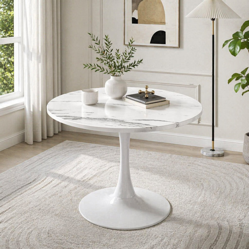 Modern Round Dining Table, White Marble