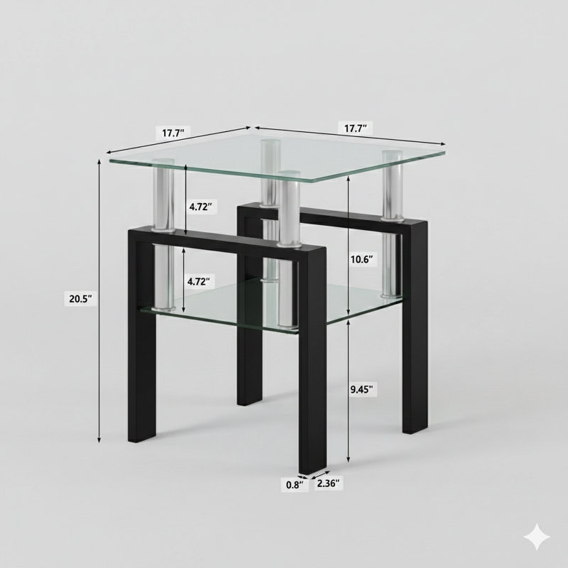 Table de bout moderne simple en verre trempé ou à thé, de conception carrée pour le salon, disponible en transparent / noir