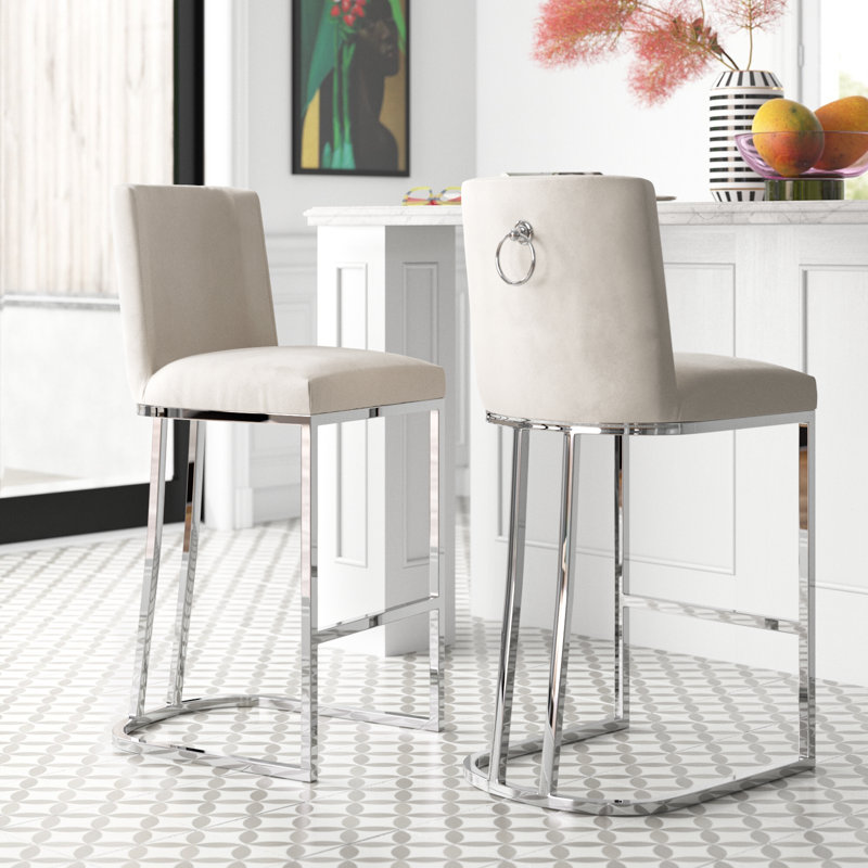 Aurrin Velvet Upholstered Bar & Counter Stool, Counter Stool (26” Seat Height), Silver, Cream