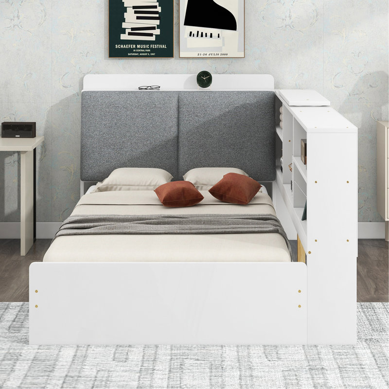 Lit plateforme simple en bois avec tête de lit avec rangement, tablettes et 2 tiroirs, blanc