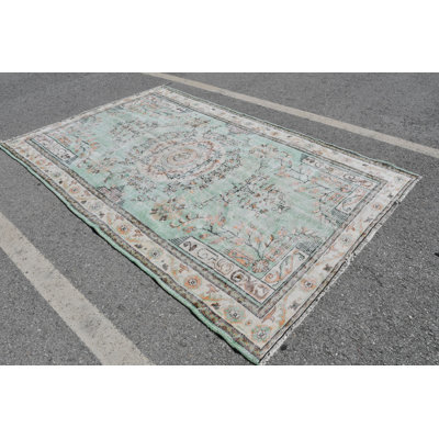Vintage Handwoven Turkish Rug in Mint Green - Antique Oversized Carpet Ideal for Living Room Decor Beige/Green