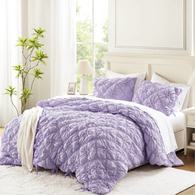 3 pièces d'édredon double / grand en microfibre mauve, floral texturé avec accents de cravate, confortable et respirant pour chaque saison, lavable à la machine en mauve, broderie décontractée toutes saisons, doux et facile