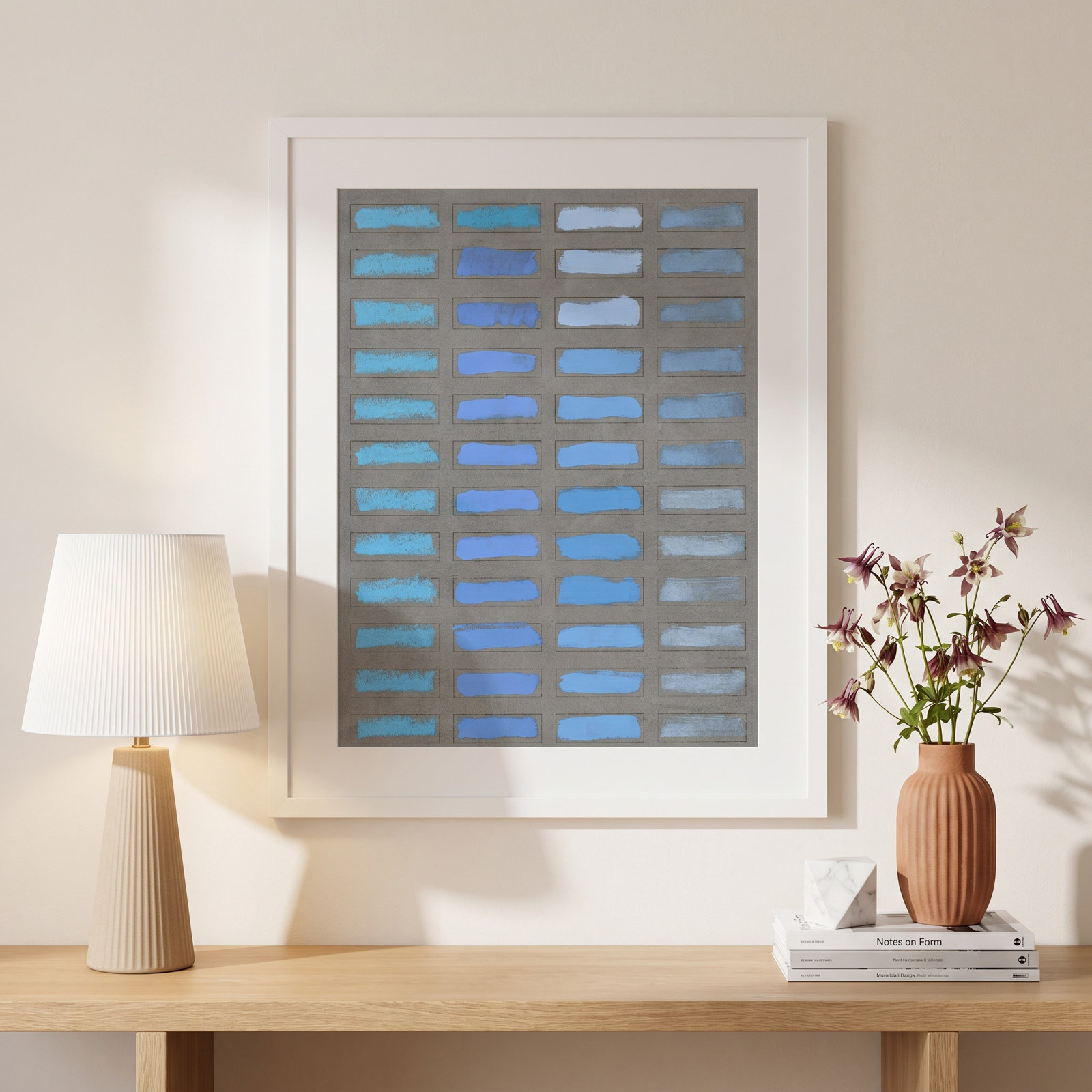 The Blues 1 by Jacques Pilon, 30" H x 24" W x 1.25" D, White Framed