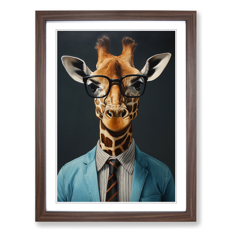 Giraffe with Glasses Painting - Framed Print, Walnut Framed, 34cm H x 25cm W
