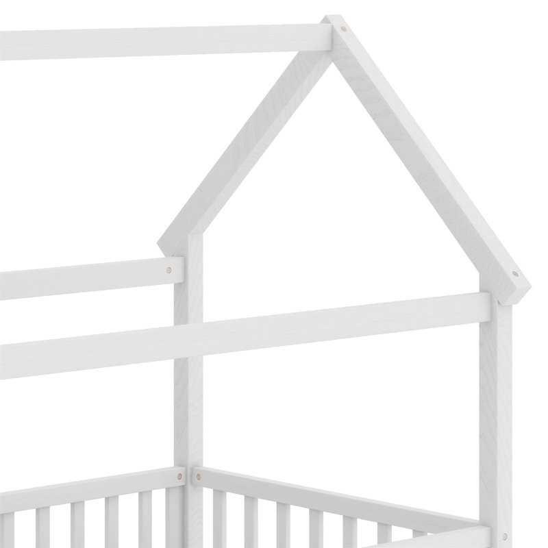 Lit de plancher en bois avec cadre de toit de maison, garde-corps de clôture, Blanc