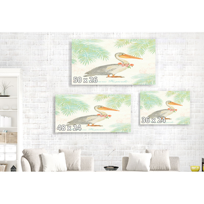 Pélican tropical, collier de fleurs, crevettes de palmier, fougère, bord de mer, oiseau, H 16 po x l 24 po x P 1,5 po