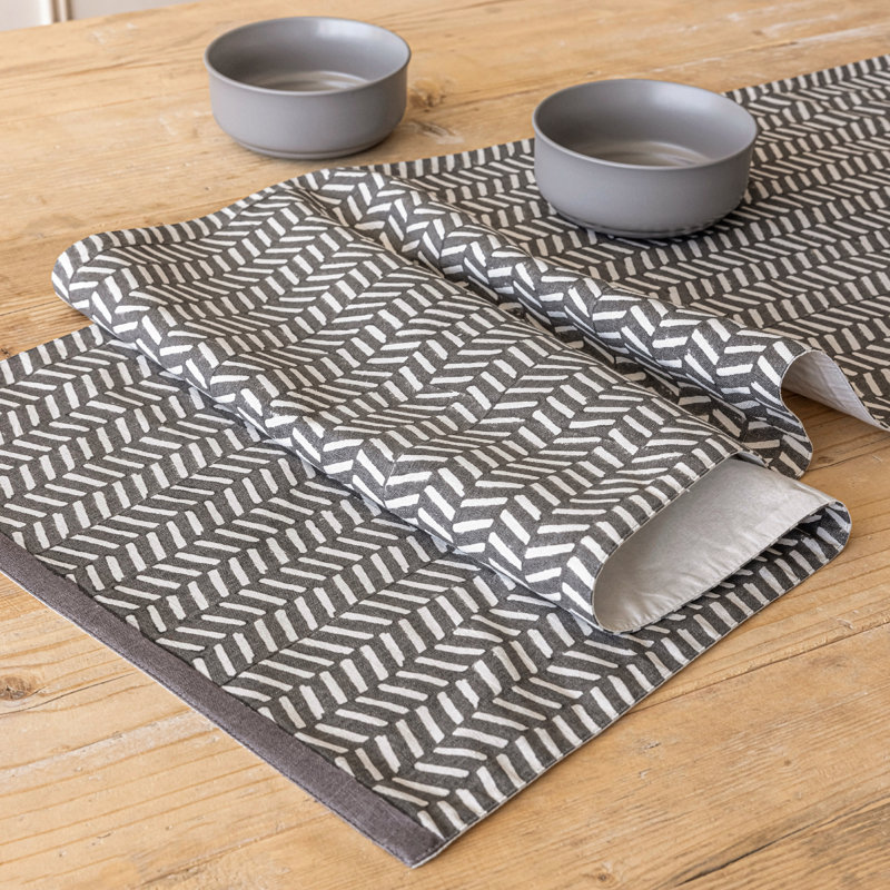 over&back Hand-Blocked Printed Cotton Table Runner, 18" W x 108" L, Grey Herringbone