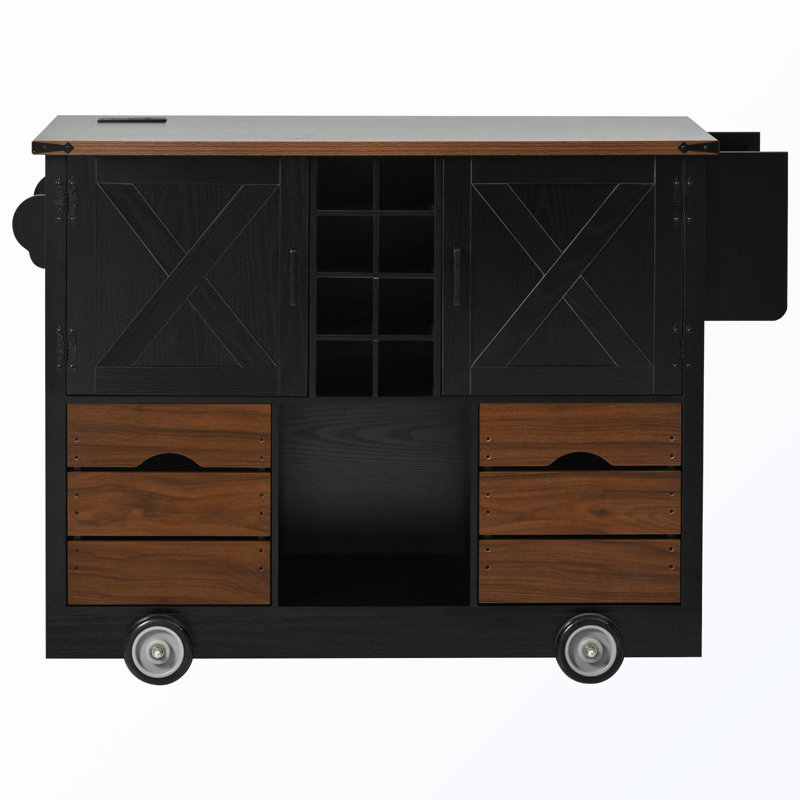Rolling Storage Kitchen Island with Power Outlet and Drop Leaf, Black