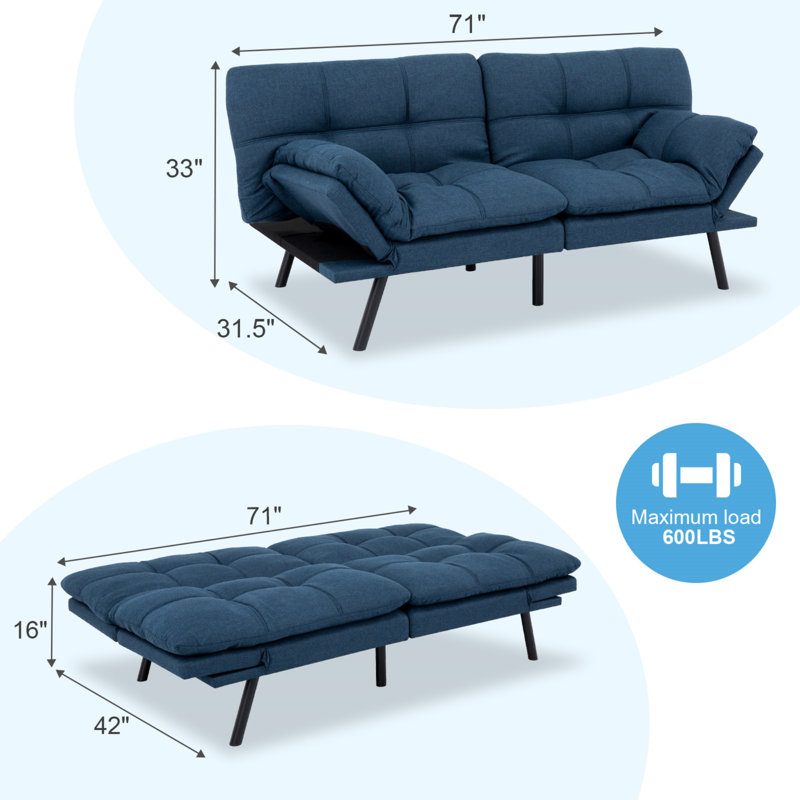 71'' Convertible Sleeper Sofa Folding Loveseat With Adjustable Arms And Backs For Apartments & Office & Living Room, Blue